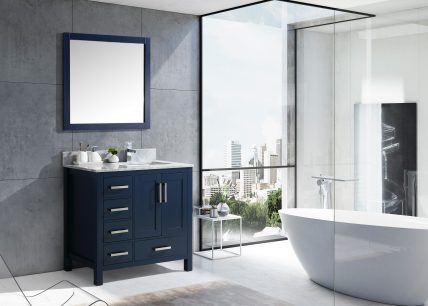 36 Inch Single Sink Bathroom Vanity In Navy Blue with Offset Right Side Sink