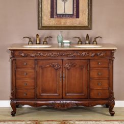 55 Inch Small Double Sink Bathroom Vanity with Travertine Counter Top