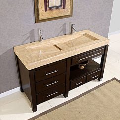 60 Inch Double Sink Cabinet with Espresso Finish and Travertine Top
