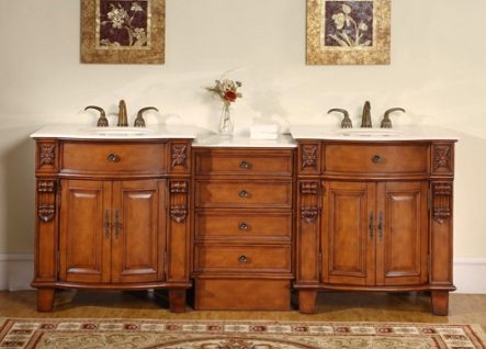 84 Inch Antique Brown Double Sink Bathroom Vanity with Marble