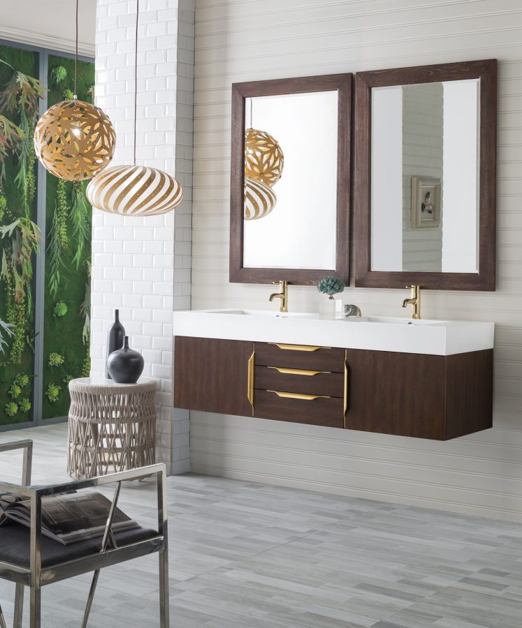 59 Inch Double Sink Bathroom Vanity in Coffee Oak with Radiant Gold Pulls