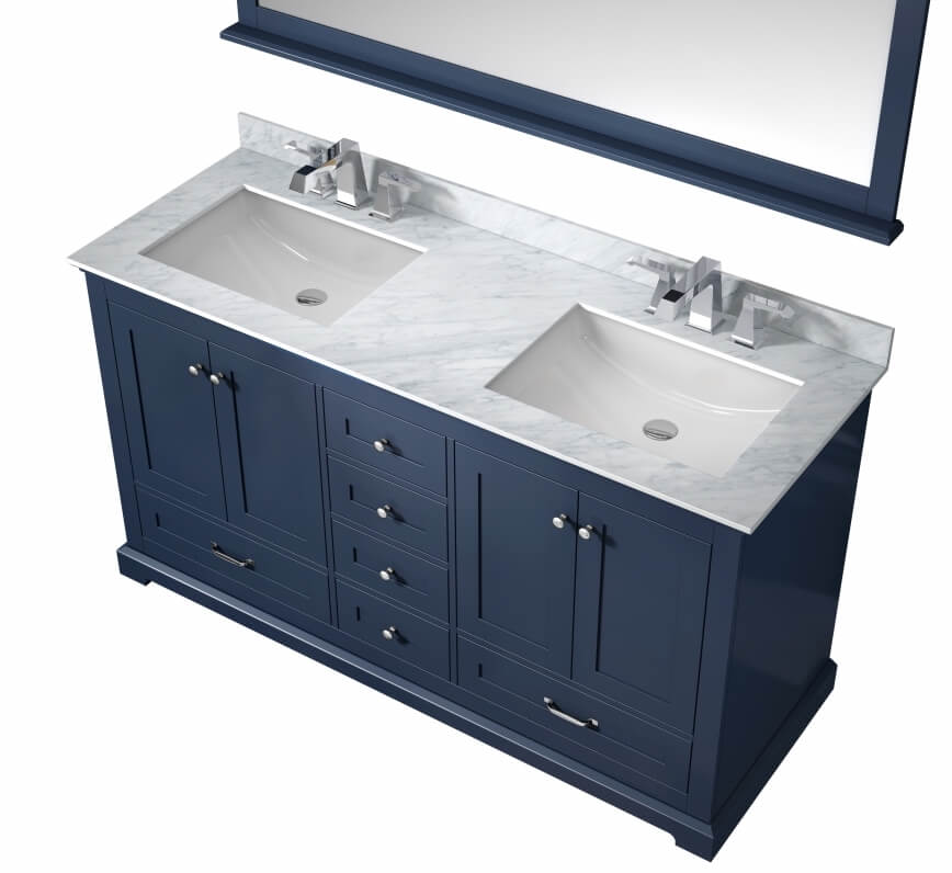60 Inch Double Sink Bathroom Vanity in Navy Blue with White Marble