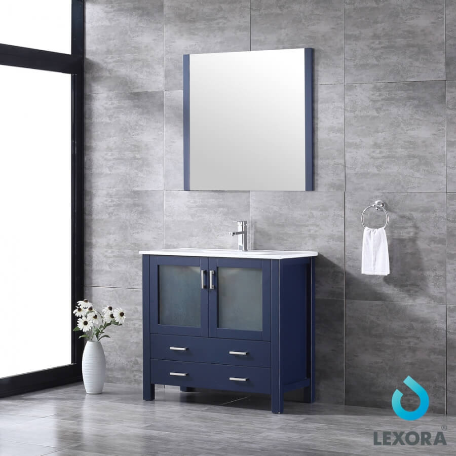 36 Inch Single Sink Bathroom Vanity in Navy Blue with Frosted Glass Doors