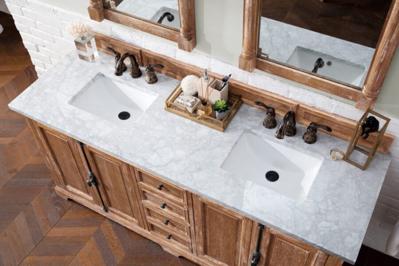 72 Inch Double Sink Bathroom Vanity in Driftwood with White Marble