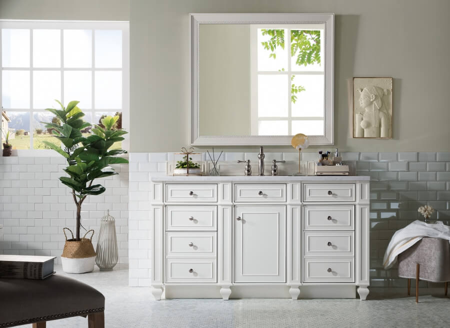 60 Inch Single Sink Bathroom Vanity in Cottage White with Choice of Top