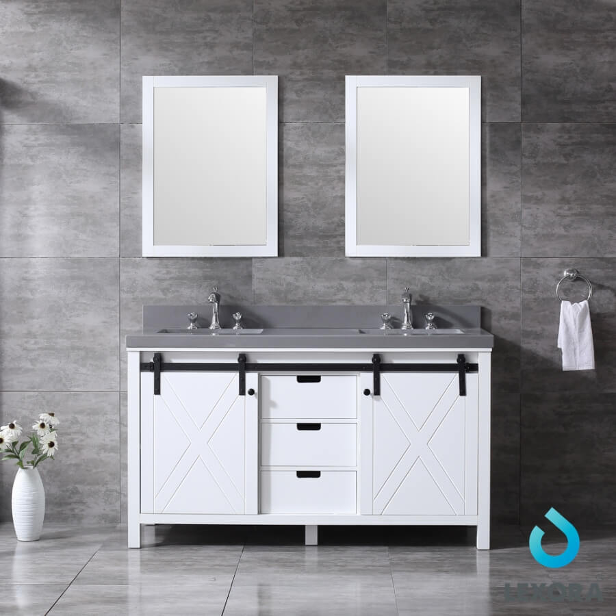 60 Inch Double Sink Bathroom Vanity in White with Barn Door Style Doors