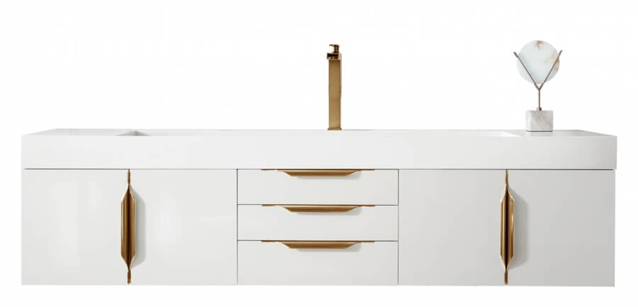 72 Inch Single Sink Bathroom Vanity in Glossy White with Radiant Gold Pulls