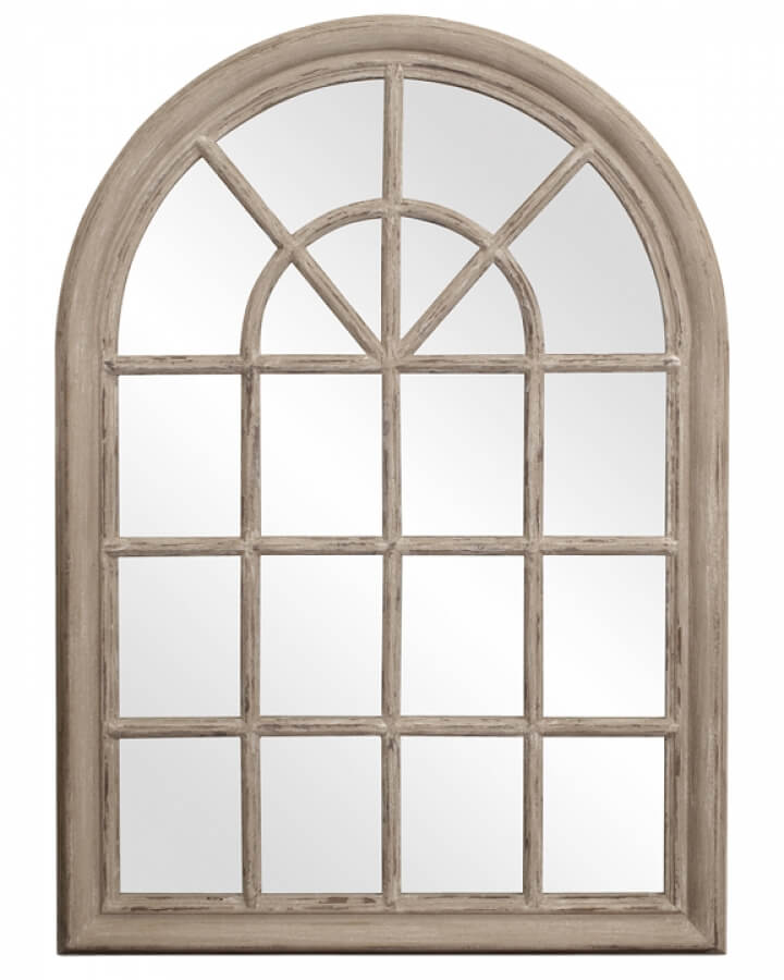 Fenetre Arched Rustic Windowpane Style with Distressed Taupe Mirror