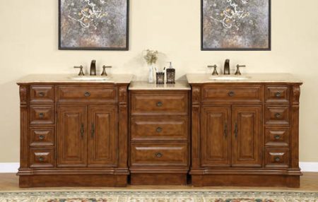 95 Inch Traditional Double Bathroom Vanity with Travertine