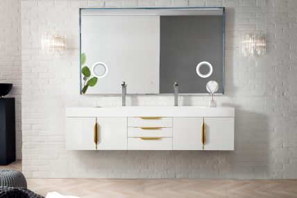 72 Inch Double Sink Bathroom Vanity in Glossy White with Radiant Gold Pulls