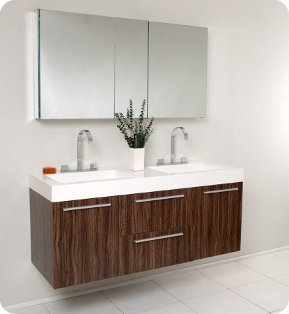 54.25 Inch Walnut Modern Double Sink Bathroom Vanity with Medicine Cabinet