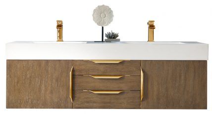 59 Inch Double Sink Bathroom Vanity in Latte Oak with Radiant Gold Pulls