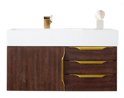 36 Inch Single Sink Bathroom Vanity in Coffee Oak with Radiant Gold Pulls