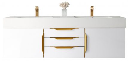 59 Inch Double Sink Bathroom Vanity in Glossy White with Radiant Gold Pulls