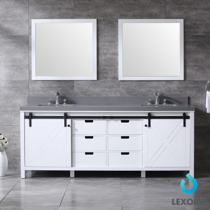 84 Inch Double Sink Bathroom Vanity in White with Barn Style Doors