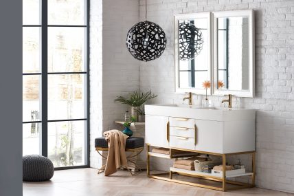 58.75 Inch Double Sink Bathroom Vanity in Glossy White with Radiant Gold Pulls