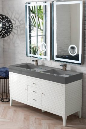 59 Inch Double Sink Bathroom Vanity in Glossy White with Electrical Component