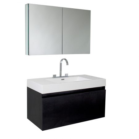 Modern 39 Floating Black Bathroom Vanity Stone Top Wall Mounted Bathroom Cabinet