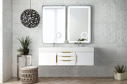 59 Inch Double Sink Bathroom Vanity in Glossy White with Radiant Gold Pulls