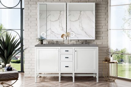 60 Inch Glossy White Double Sink Vanity with Gray Quartz